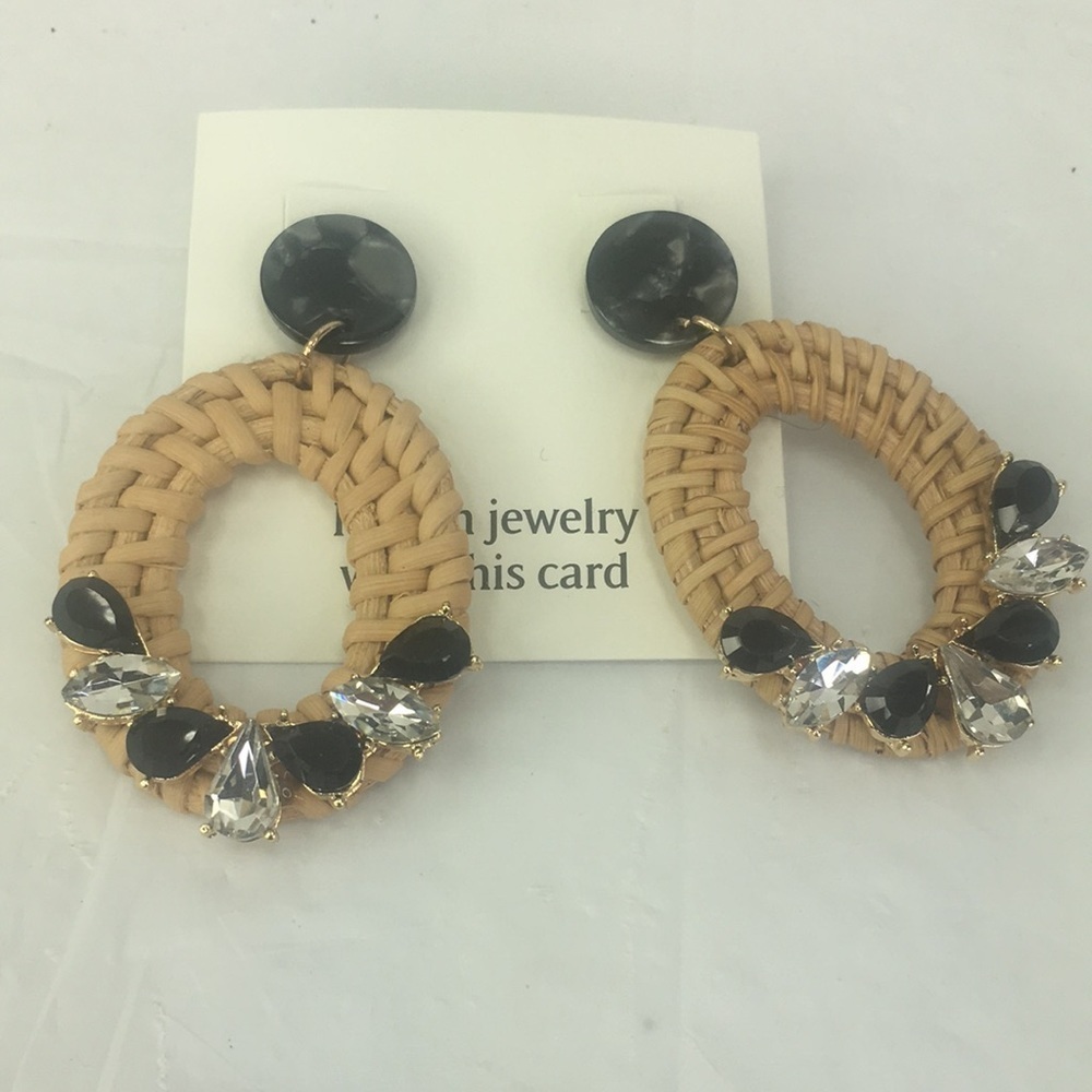 New Acrylic Woven Basket Geometric Rattan Earrings rhinestones 2.5"